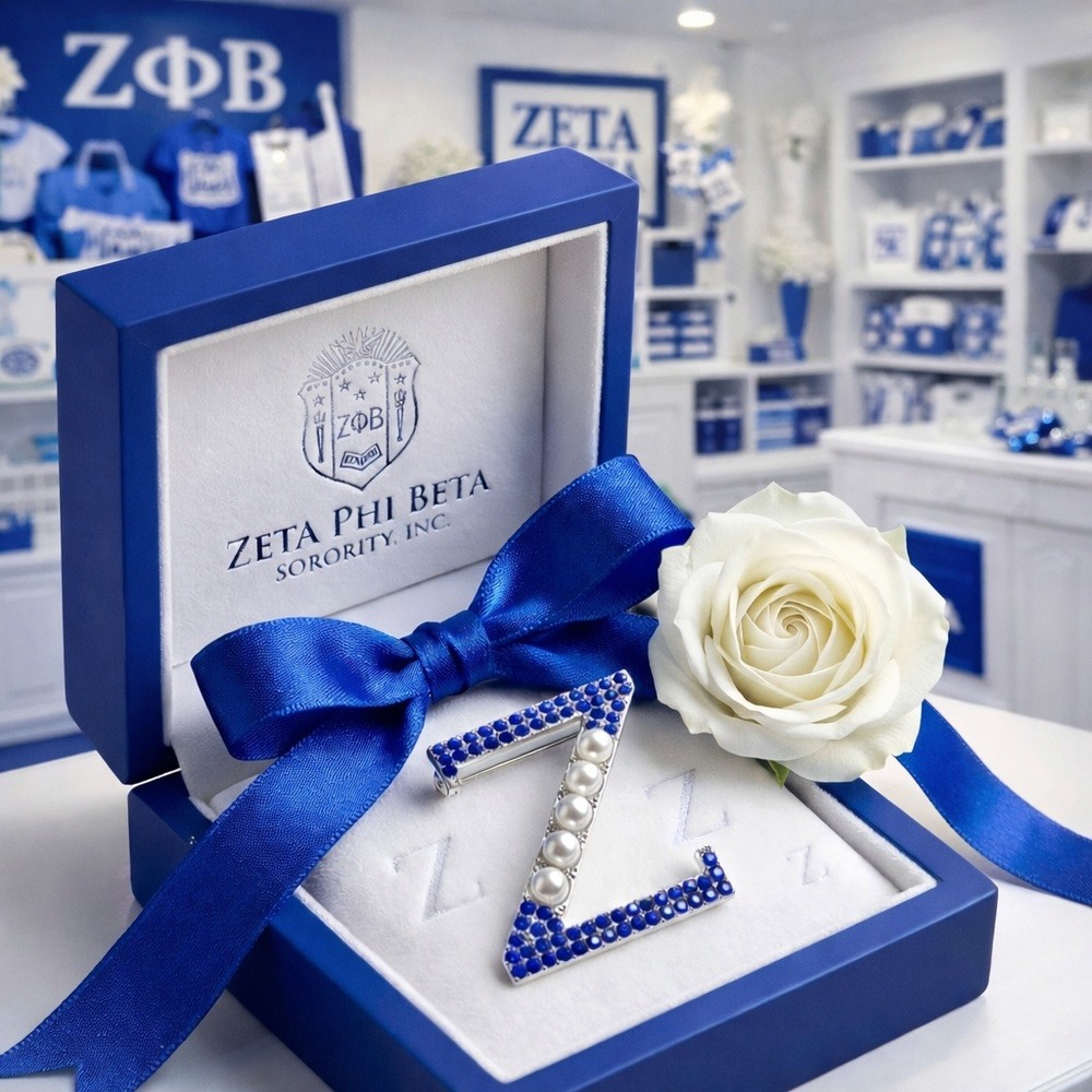 Zeta Phi Beta Brooch Exquisite Z Letter Blue‎ Rhinestones & Pearl Pin